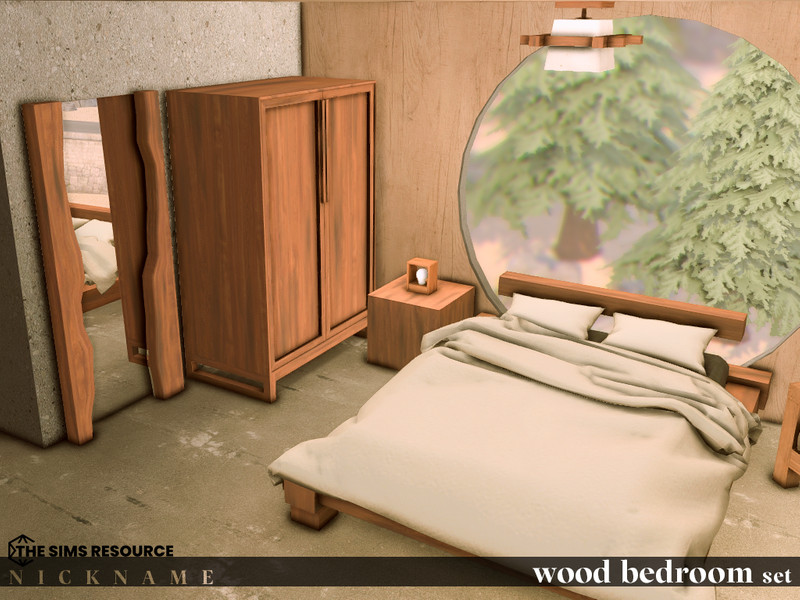 Wood Bedroom Set Double Bed by NICKNAME_sims4 – Furniture
